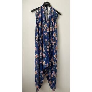 ASOS sheer blue tropical floral swim coverup jumpsuit plunge neck open low back